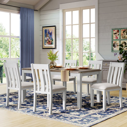 7 Piece Dining Table Set Retro Style With Extendable Table And 6 Upholstered Chairs - Brown / White