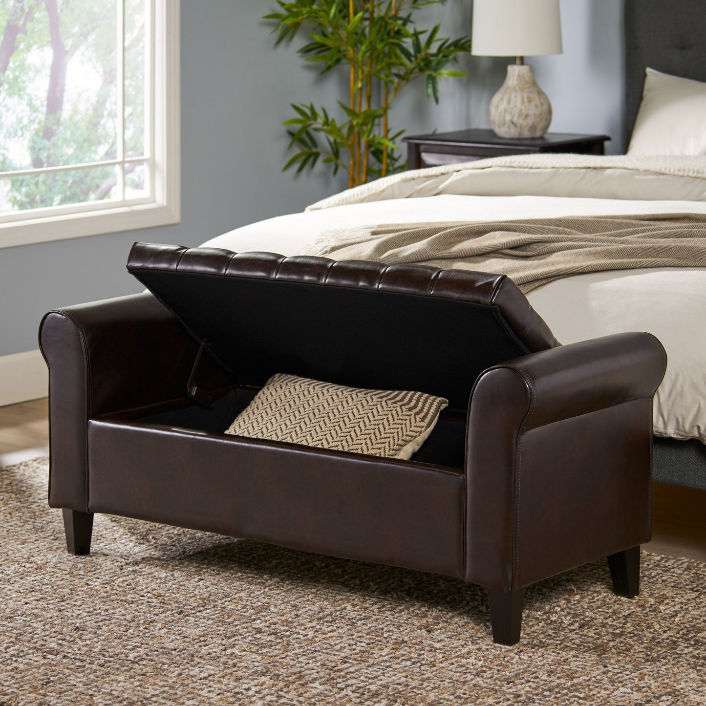 Hayes Contemporary Armed Storage Bench With Button Tufting - Brown