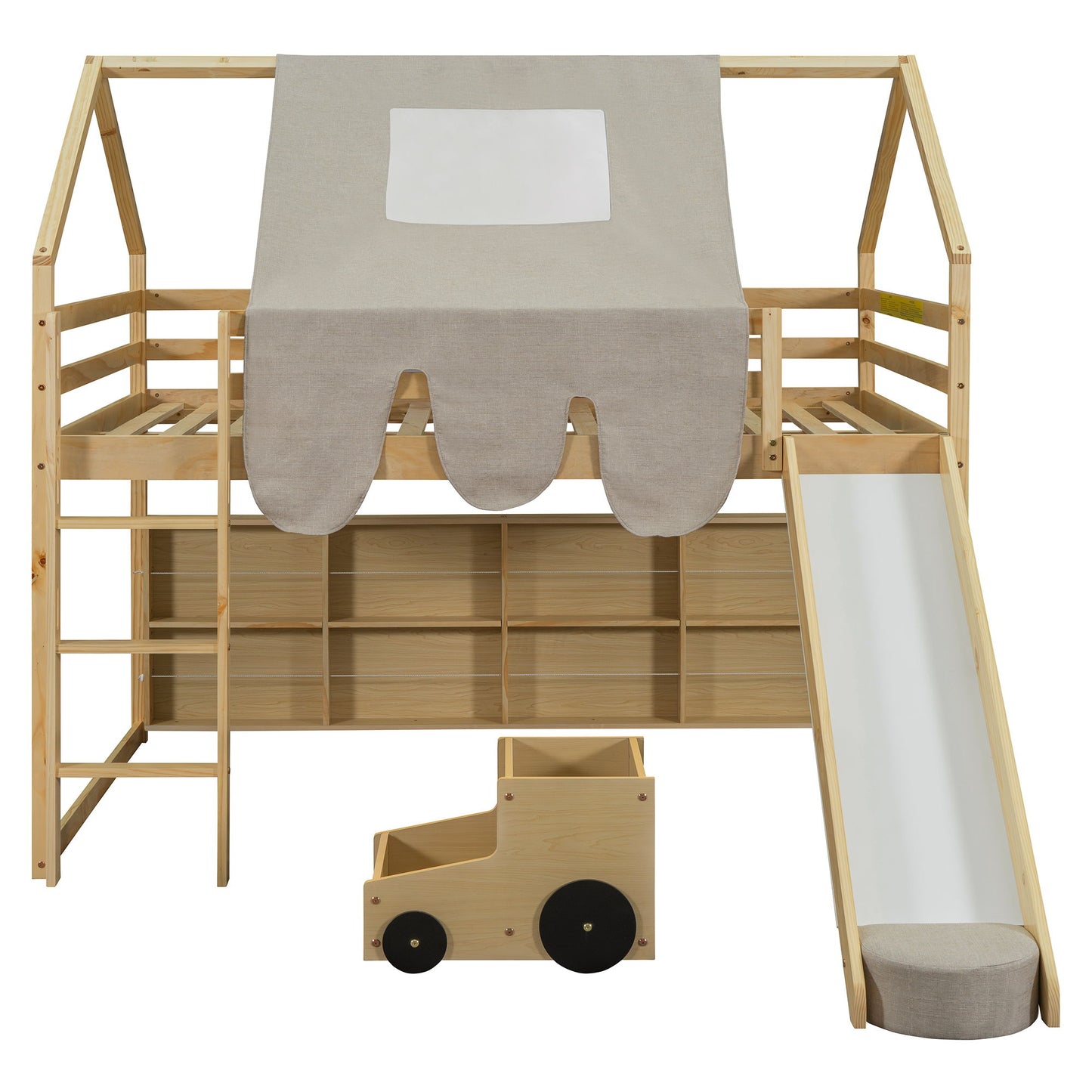 Full Size Loft Bed House Shaped Frame With Tent - Natural / Beige