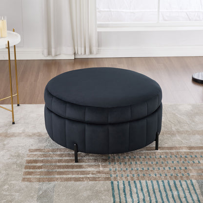 Upholstered Round Ottoman With Reversible Lid, Velvet Storage Stool, Channel Tufted Pumpkin Shape Footstool For Living Room, Bedroom And Office - Black
