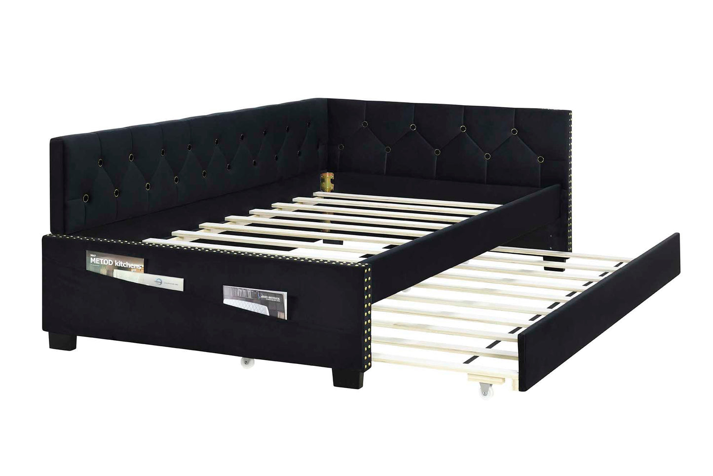 Upholstered Twin Size Daybed Bed Frame (Corner Bed) With Trundle, Velvet Fabric, Studding Design, No Box Spring Required - Black