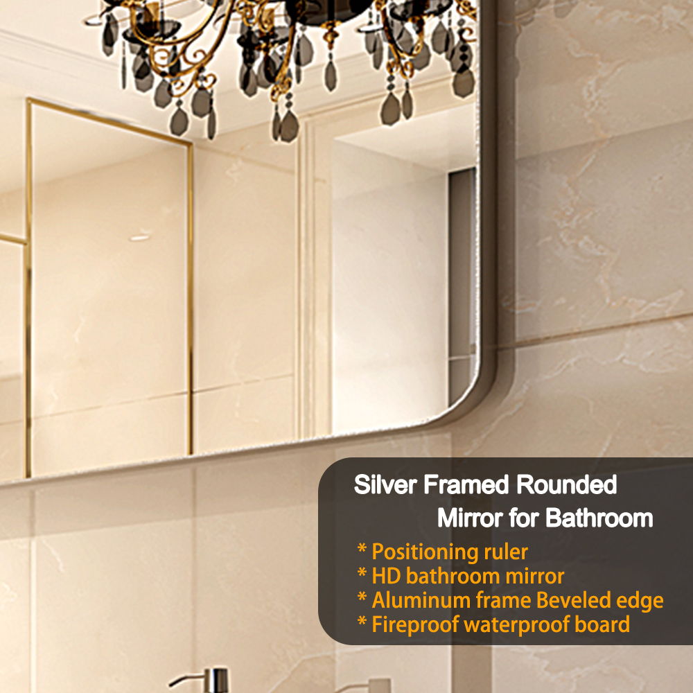 40X30" Brushed Silver Rounded Corner Rectangle Bathroom Mirror For Wall Metal Frame Wall Mounted Bathroom Mirror Vanity Bathroom Mirror (Horizontal & Vertical) - Silver