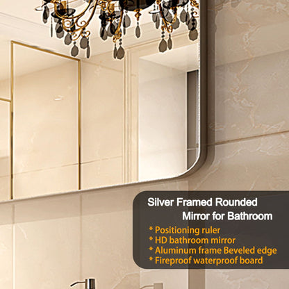 40X30" Brushed Silver Rounded Corner Rectangle Bathroom Mirror For Wall Metal Frame Wall Mounted Bathroom Mirror Vanity Bathroom Mirror (Horizontal & Vertical) - Silver