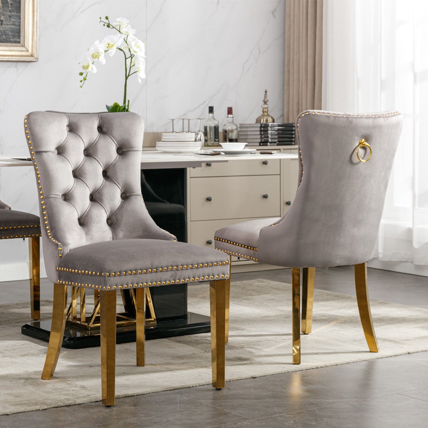 Nikki - Modern, High-End Tufted Solid Wood Contemporary Velvet Upholstered Dining Chair With Golden Stainless Steel Plating Legs, Nailhead Trim (Set of 2) - Gray / Gold