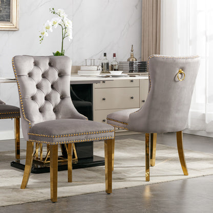 Nikki - Modern, High-End Tufted Solid Wood Contemporary Velvet Upholstered Dining Chair With Golden Stainless Steel Plating Legs, Nailhead Trim (Set of 2) - Gray / Gold