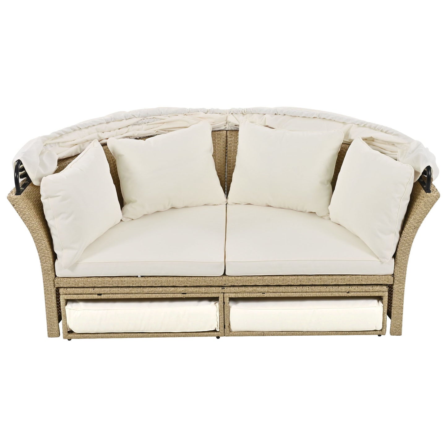 Outdoor Patio Daybed Wicker Rattan Double Daybed Round Sofa Furniture Set With Retractable Canopy, 4 Pillows For Lawn Garden Backyard Porch Pool - Beige