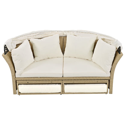 Outdoor Patio Daybed Wicker Rattan Double Daybed Round Sofa Furniture Set With Retractable Canopy, 4 Pillows For Lawn Garden Backyard Porch Pool - Beige