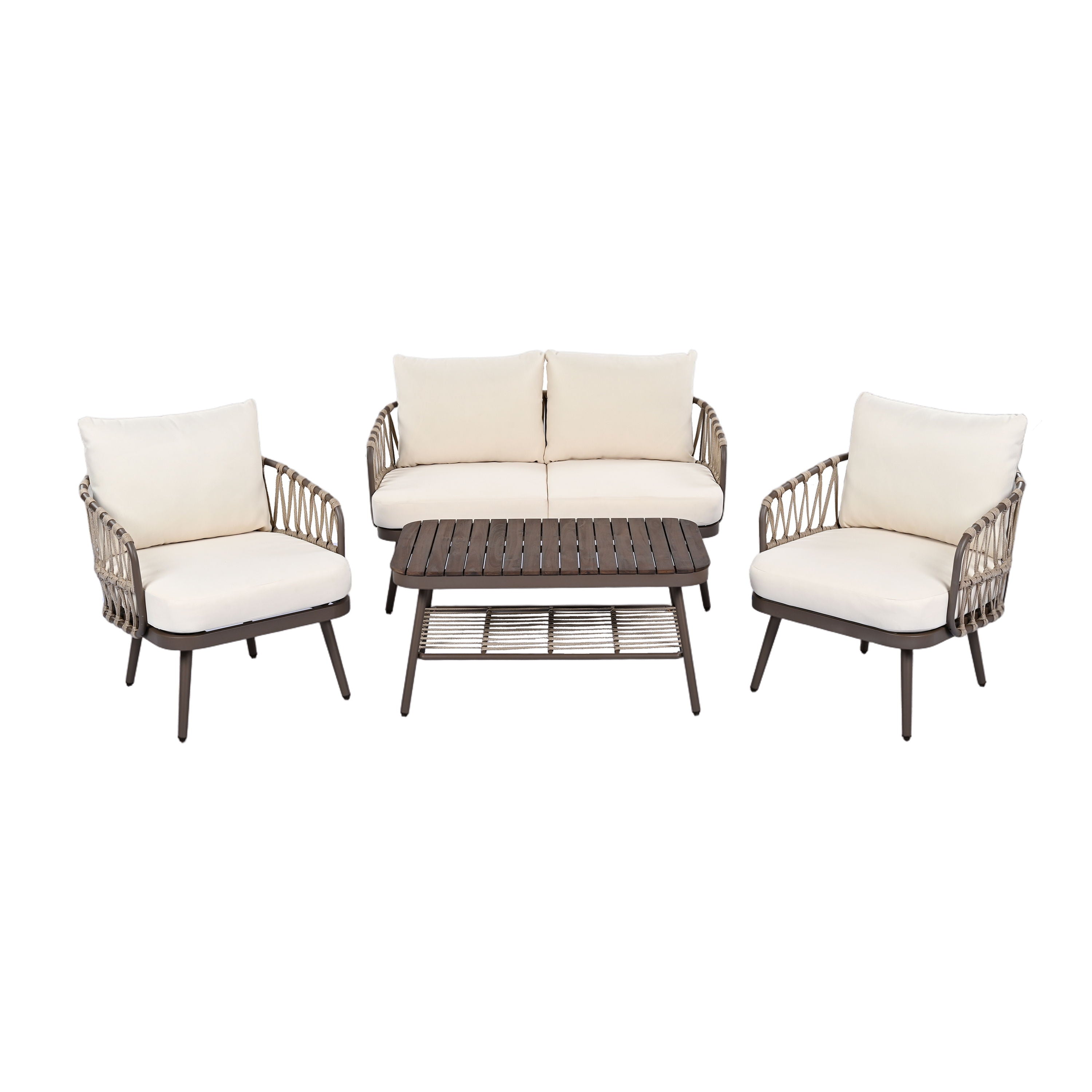 4 Piece Outdoor Patio Furniture Set, Metal Chairs With Woven Rope U Shaped Backrest, Outdoor Conversation Set With Thick Cushions And Coffee Table For Garden, Poolside, Balcony - Brown / Beige