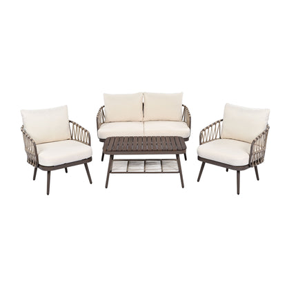 4 Piece Outdoor Patio Furniture Set, Metal Chairs With Woven Rope U Shaped Backrest, Outdoor Conversation Set With Thick Cushions And Coffee Table For Garden, Poolside, Balcony - Brown / Beige