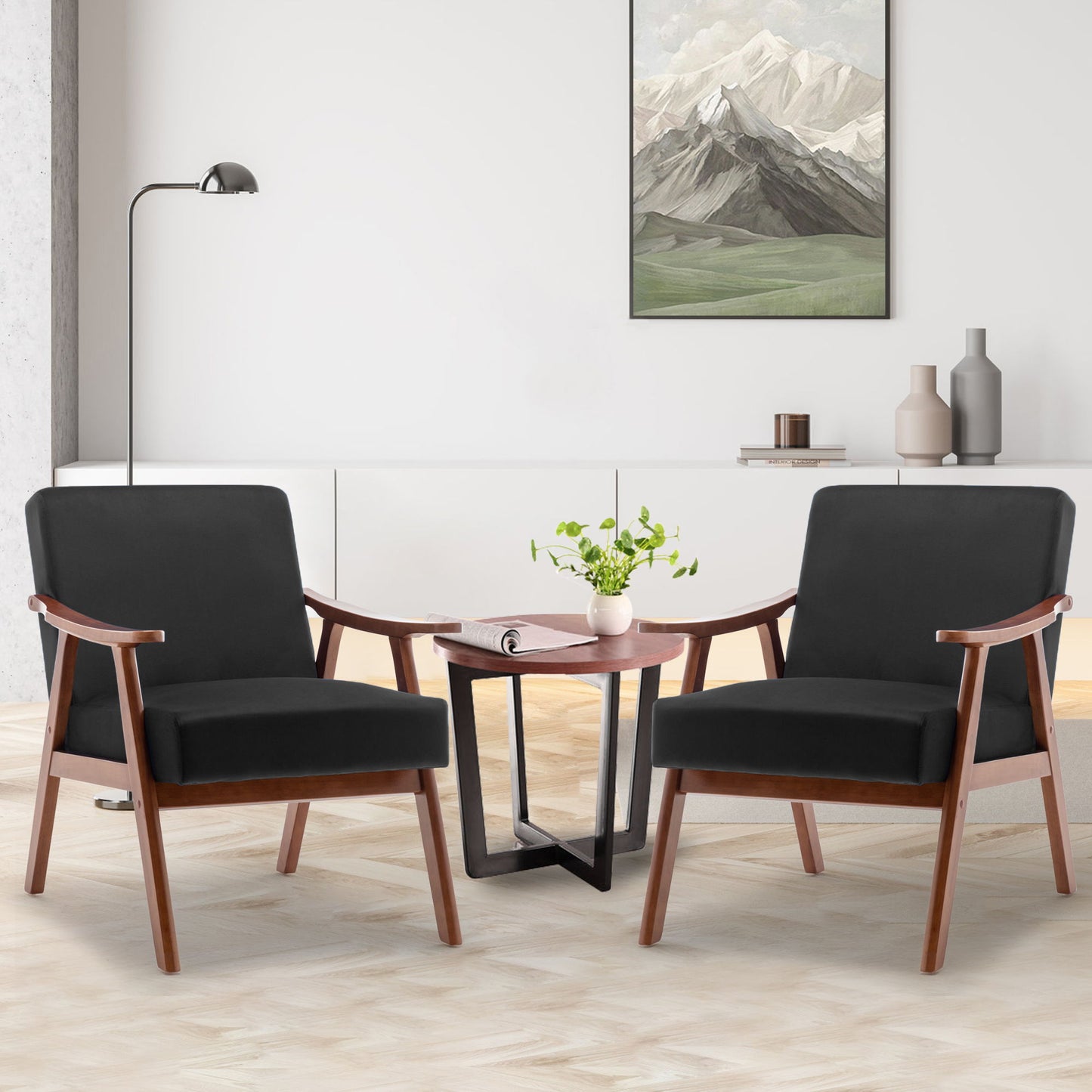 Mid Century Modern Wingback Accent Chair With Solid Wood Frame And Extra Thick Backrest - Lounge Chair For Living Room, Bedroom - Black