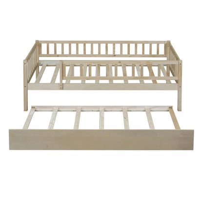 Twin Size Daybed With Trundle And Fence Guardrails - Natural