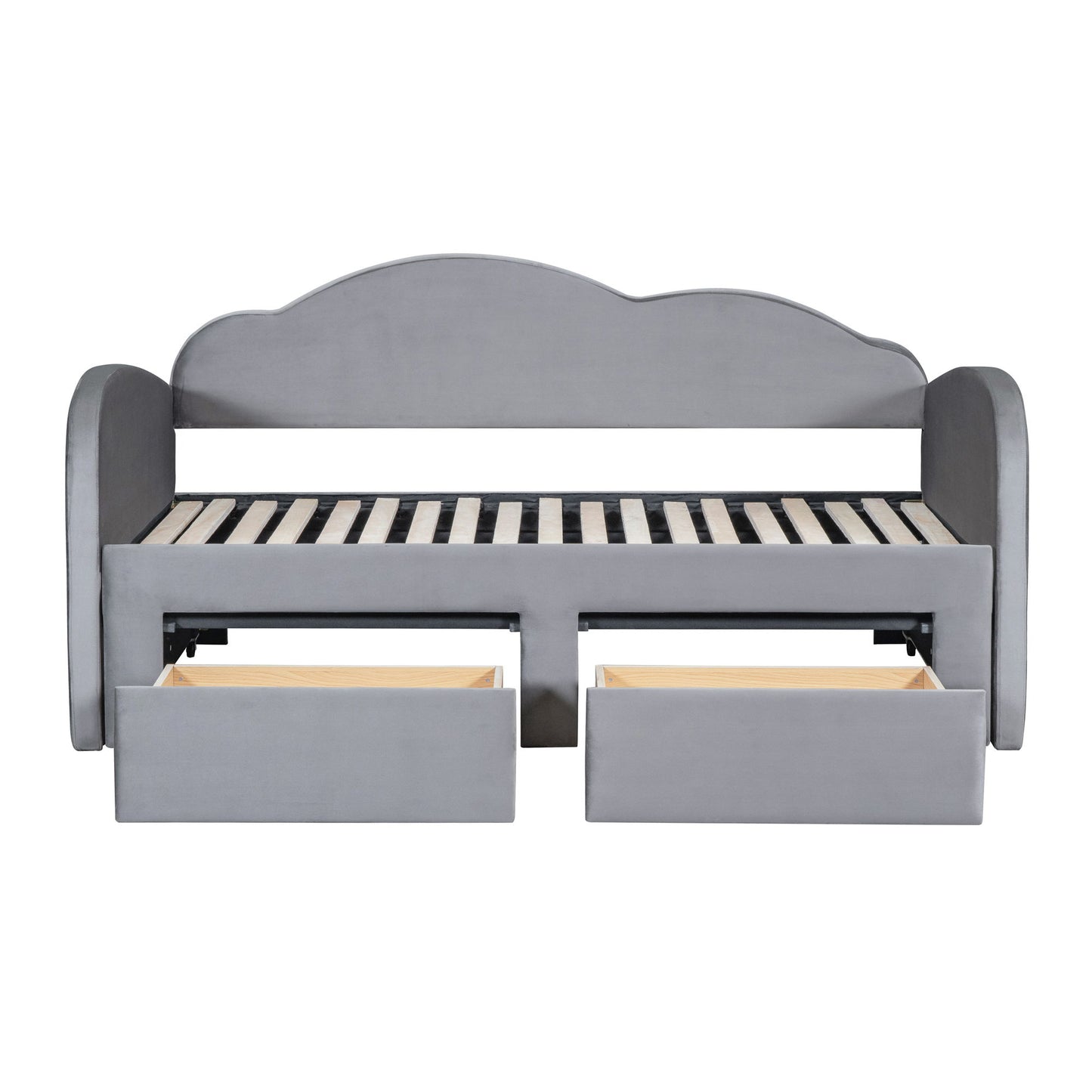 Twin Size Upholstered Daybed With Cloud-Shaped Backrest, Trundle & 2 Drawers And USB Ports - Gray