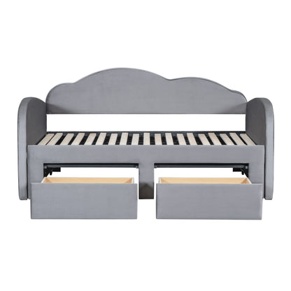 Twin Size Upholstered Daybed With Cloud-Shaped Backrest, Trundle & 2 Drawers And USB Ports - Gray