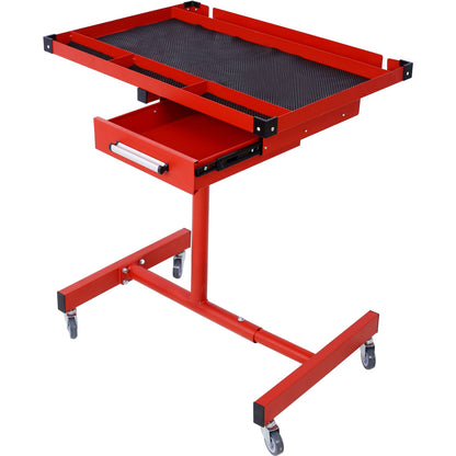 Adjustable Tear Down Work Table With Drawer For Garages, Repair Shops, And Diy, Portable, (4) 2.5" Swivel Casters, 220 Pound Capacity, Rubber Corners, Heavy Duty Steel - Red