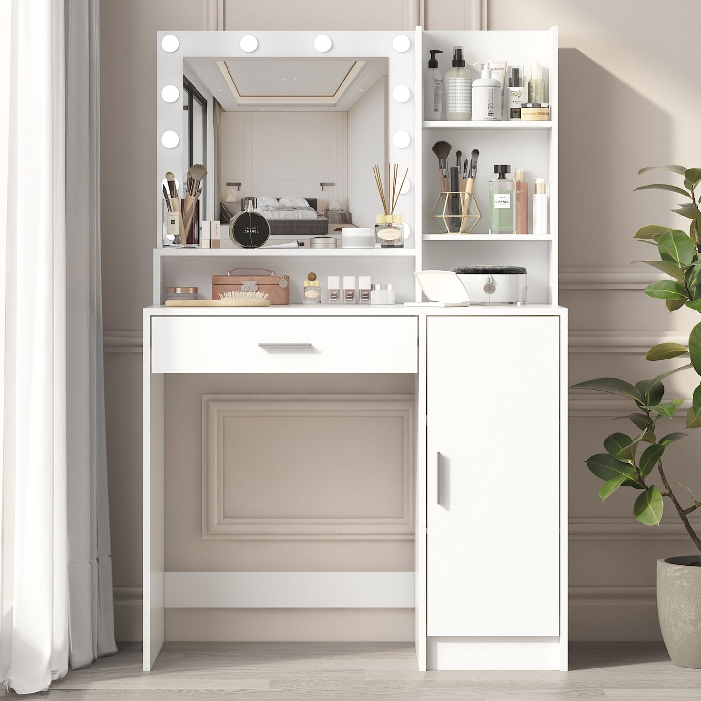 Vanity Desk With Mirror & Light, Large Drawer Three Level Storage Dresser, 3 Lighting Modes Adjustable Brightness, Bedroom Dressing Table - White