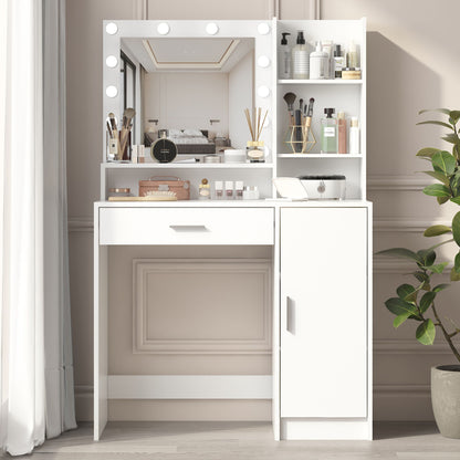 Vanity Desk With Mirror & Light, Large Drawer Three Level Storage Dresser, 3 Lighting Modes Adjustable Brightness, Bedroom Dressing Table - White