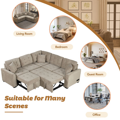 L-Shape Sofa Bed Pull-Out Sleeper Sofa With Wheels, USB Ports, Power Sockets For Living Room - Khaki