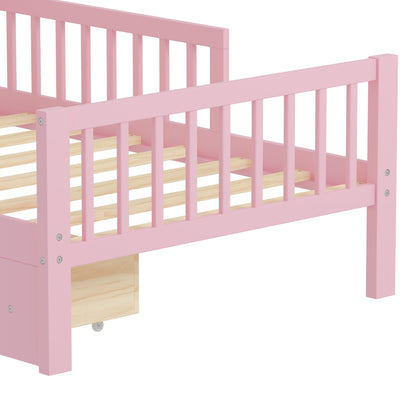 Twin Size Bed With Headboard Storage Rack, 2 Under Bed Drawers, 3 - Side Guardrails For Safety And Security - Pink
