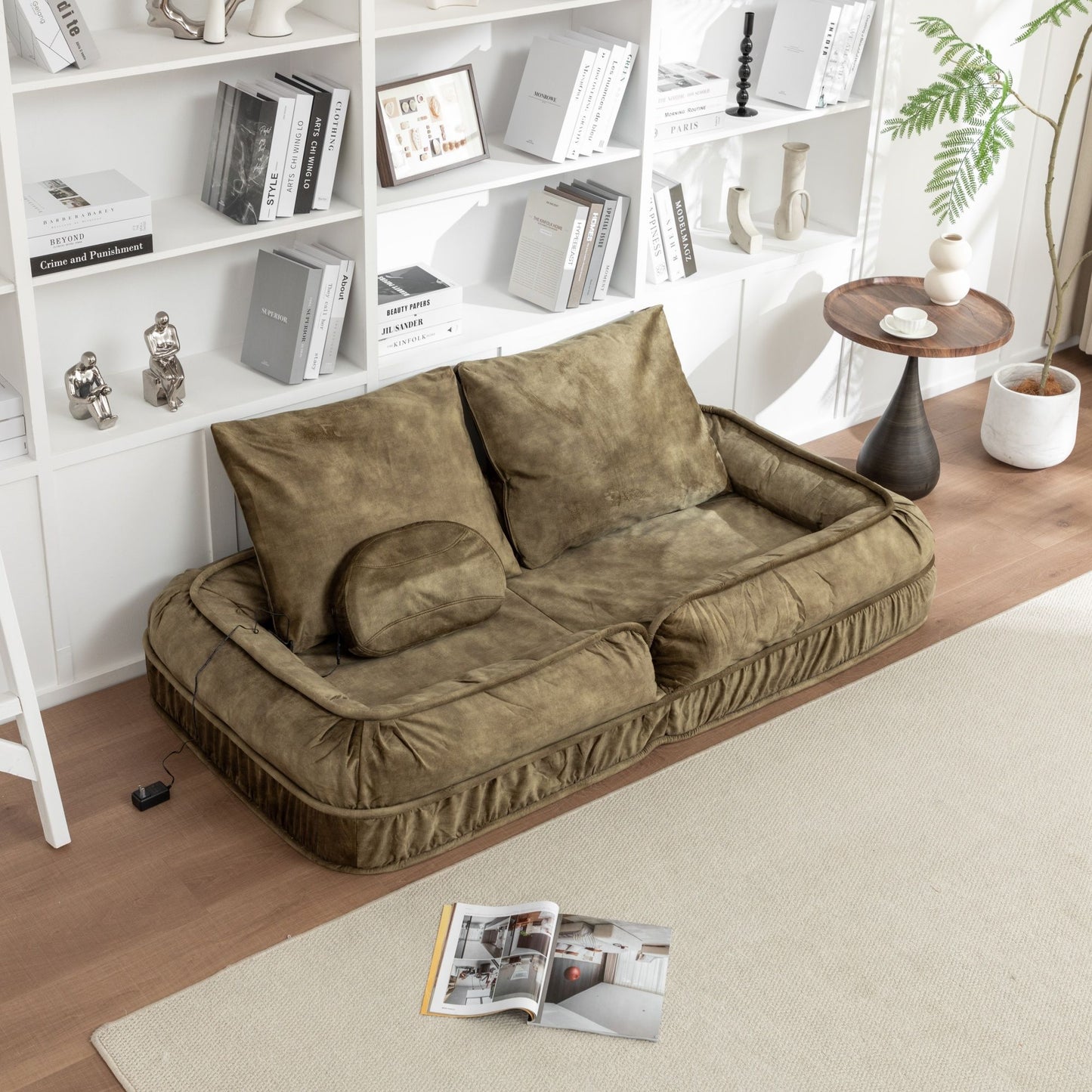Upholstered Human Dog Bed And Pets Bean Bag Floor Sofa With Massage Pillow, 5 Adjustable Positions & 2 Soft Pillows Velvet With Foam And Iron Plastic Frame - Green