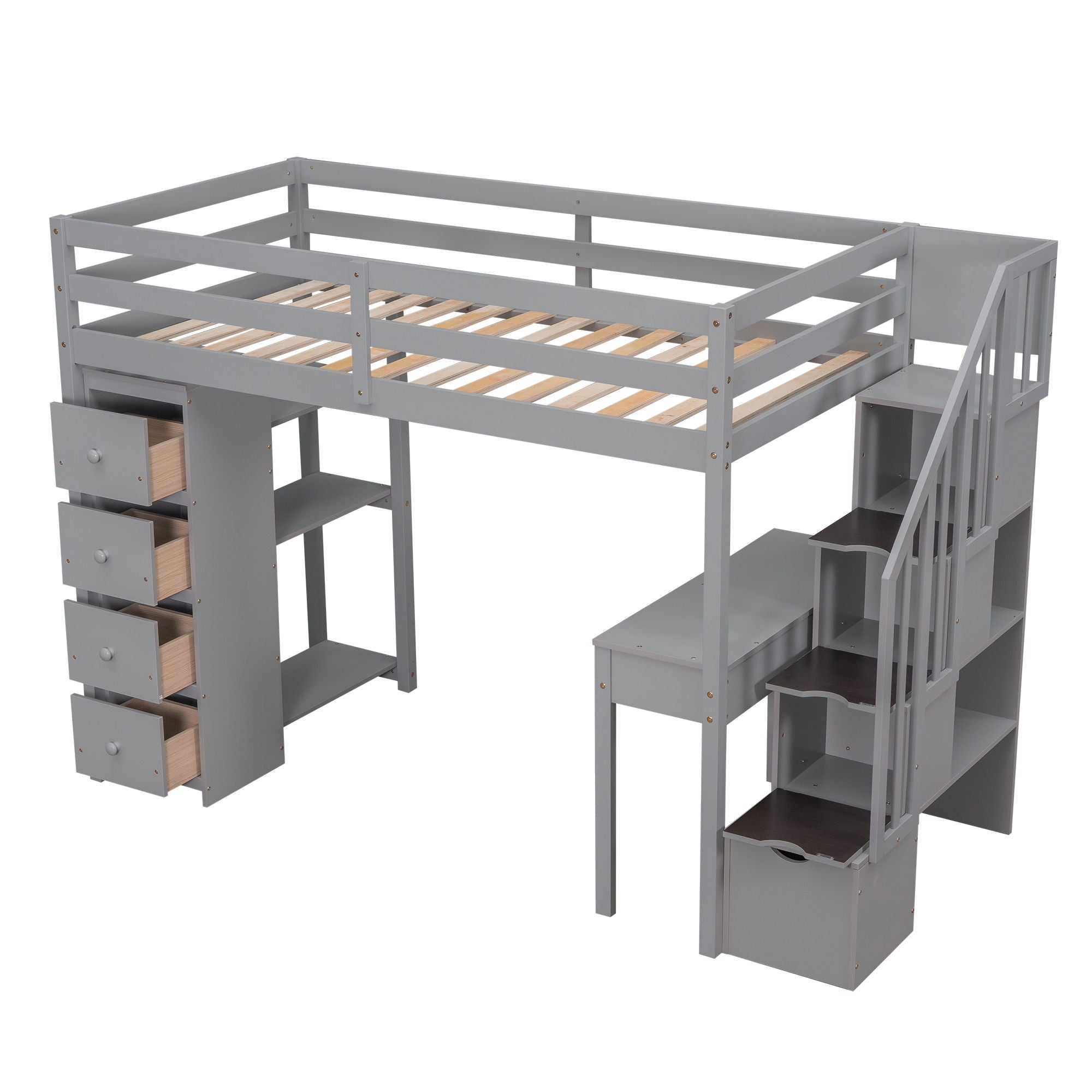 Twin Size Loft Bed With Storage Drawers, Desk And Stairs With Shelves - Gray