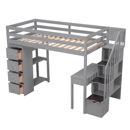 Twin Size Loft Bed With Storage Drawers, Desk And Stairs With Shelves - Gray