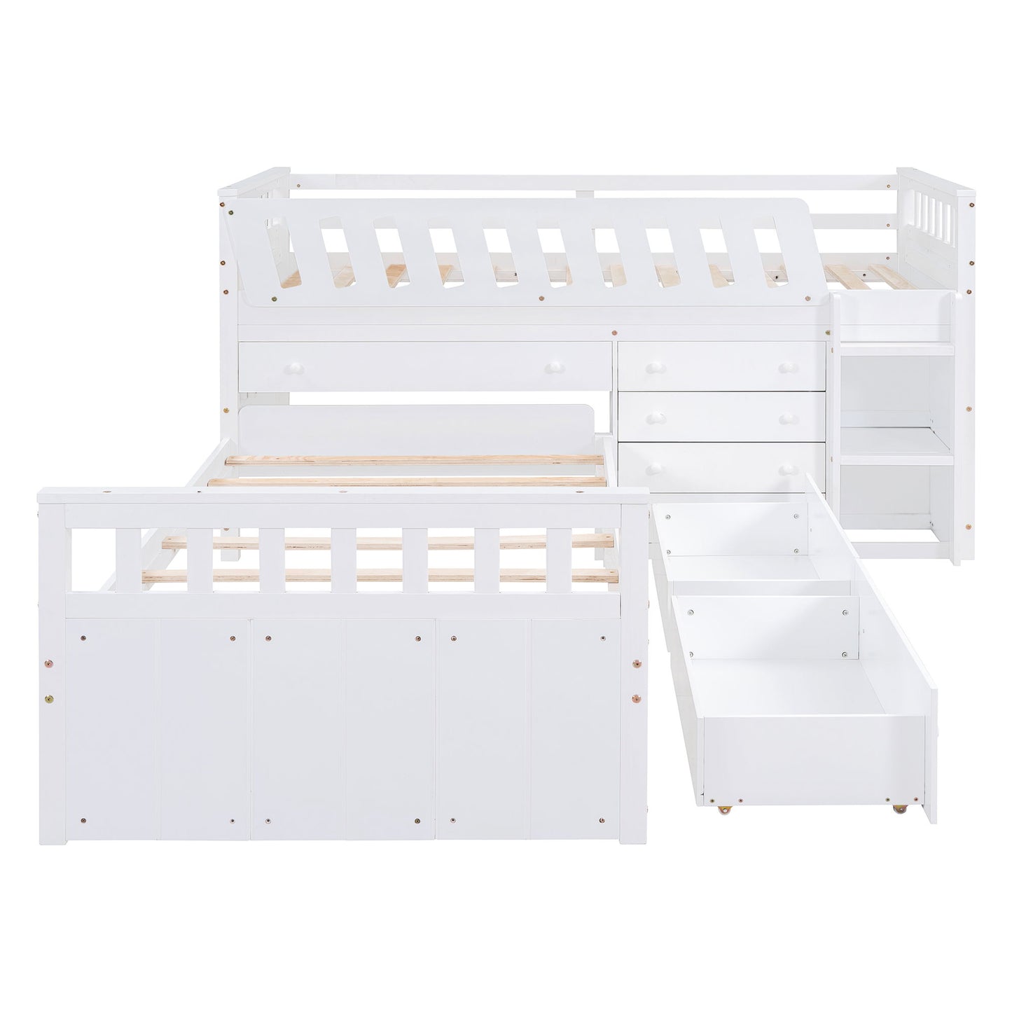 Twin Loft And Platform Bed With 7 Drawers And Full Guardrails, Modern L Shaped Space Savin - White