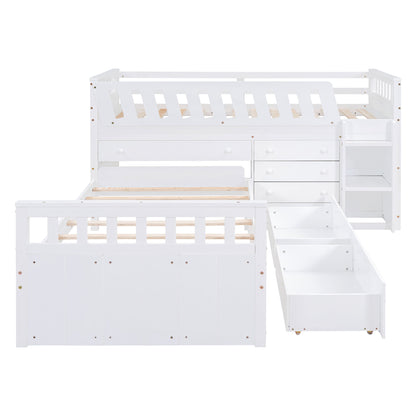 Twin Loft And Platform Bed With 7 Drawers And Full Guardrails, Modern L Shaped Space Savin - White