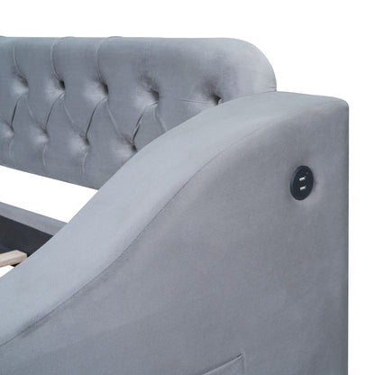 Twin Size Upholstered Daybed With Storage Armrests And USB Port - Gray
