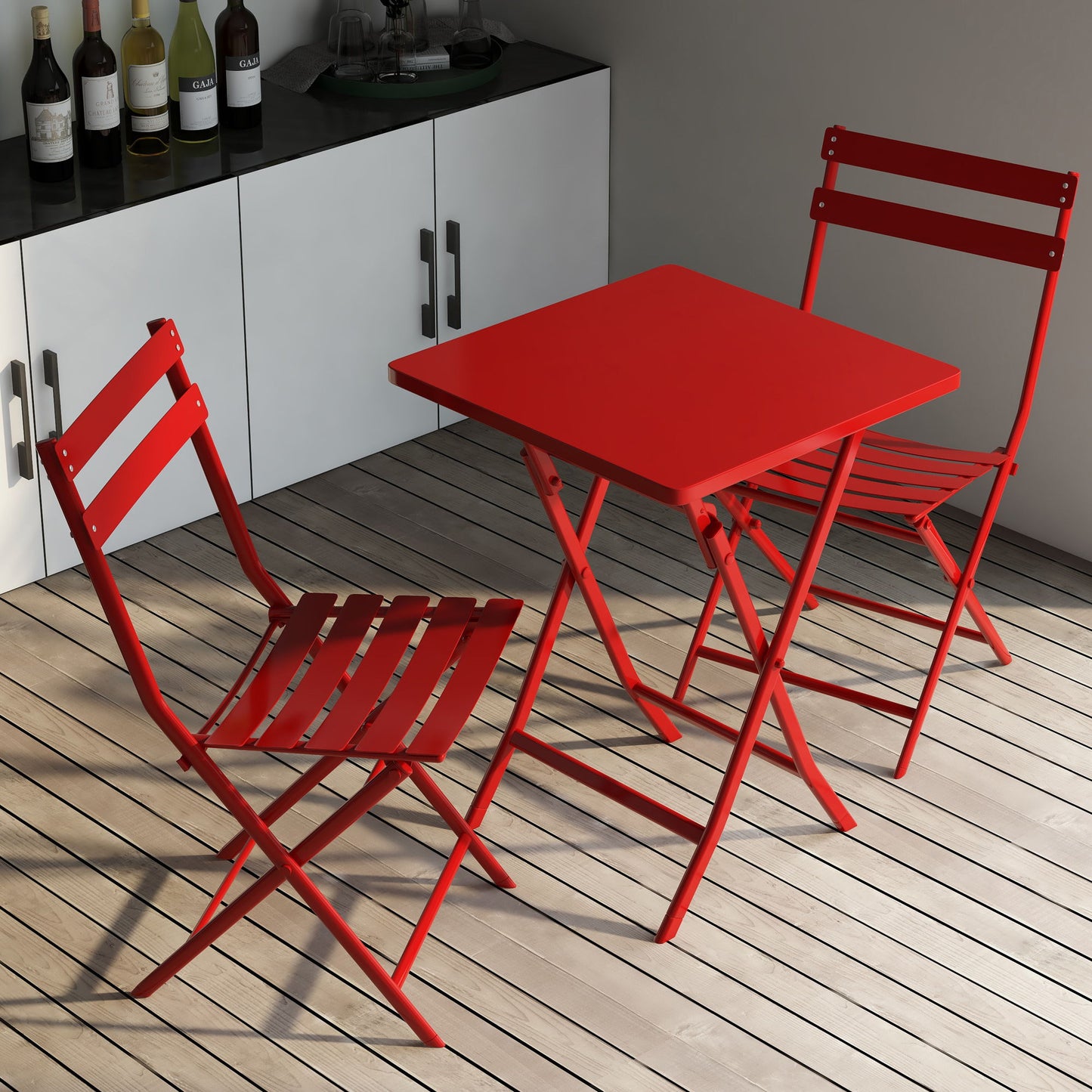 3 Piece Patio Bistro Set Of Foldable Square Table And Chairs - Red
