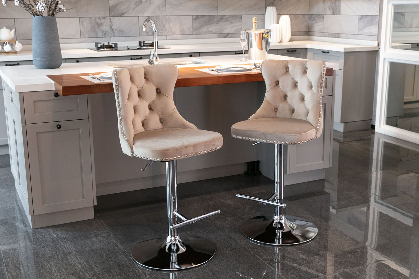Swivel Velvet Barstools Adjusatble Seat Height From 25-33", Modern Upholstered Chrome Base Bar Stools With Backs Comfortable Tufted For Home Pub And Kitchen Island (Set of 2) - Khaki