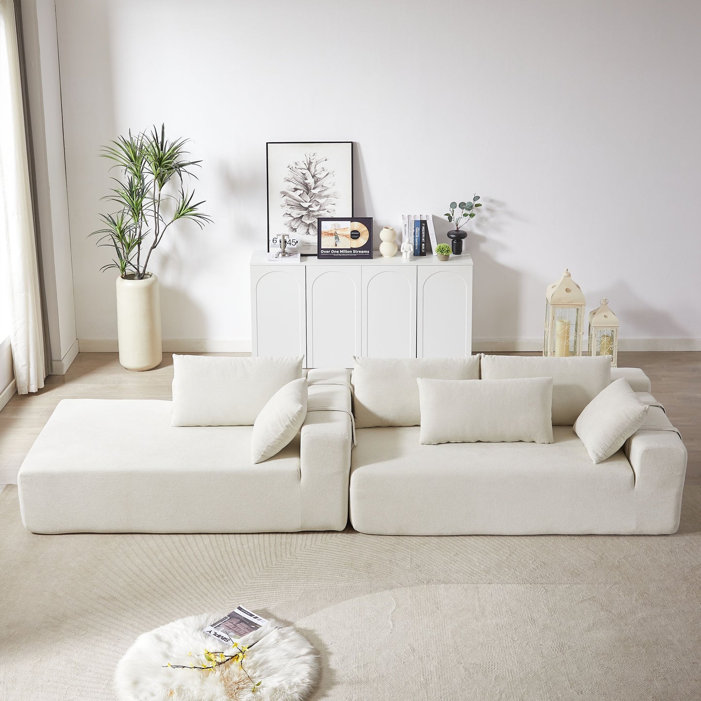 Modern Chenille Upholstered Sectional Sofa Couch Set, Modular L Shaped Sectional Living Room Sofa Set With 6 Pillows, Free Combination - Beige