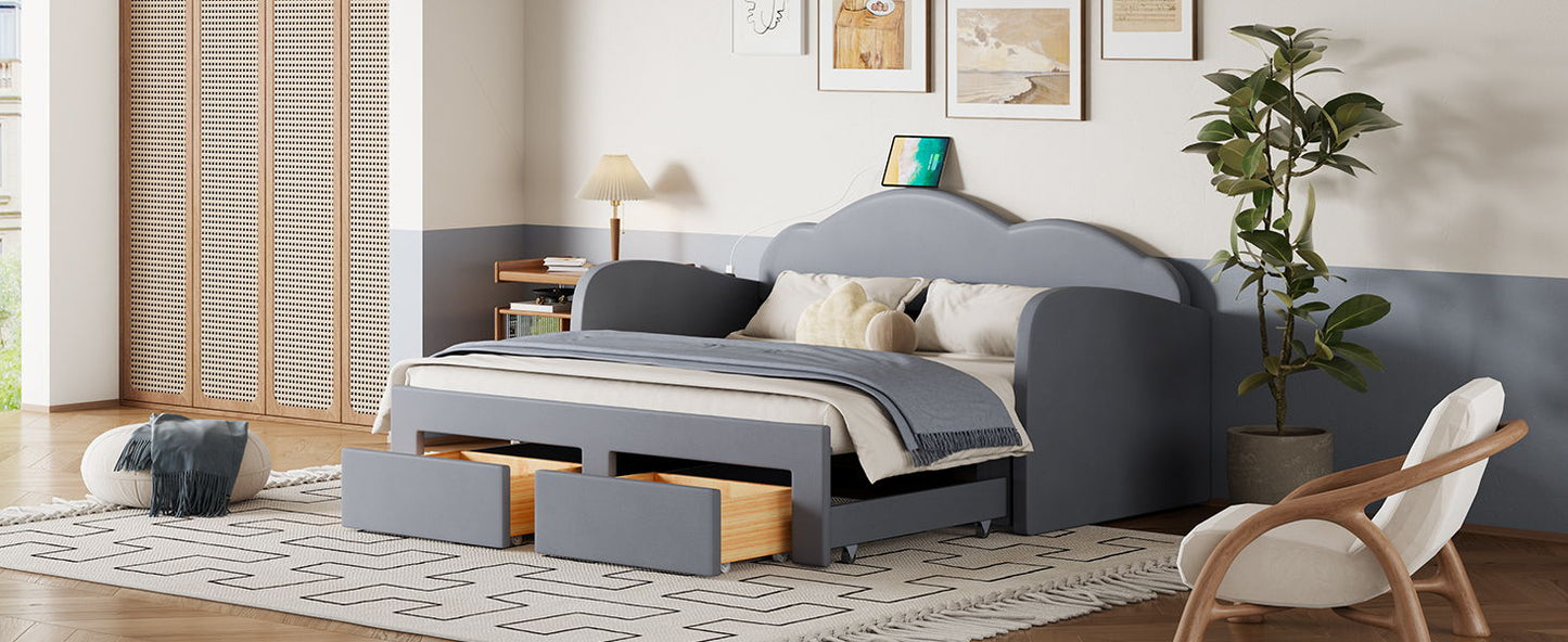 Twin Size Upholstered Daybed With Cloud-Shaped Backrest, Trundle & 2 Drawers And USB Ports - Gray