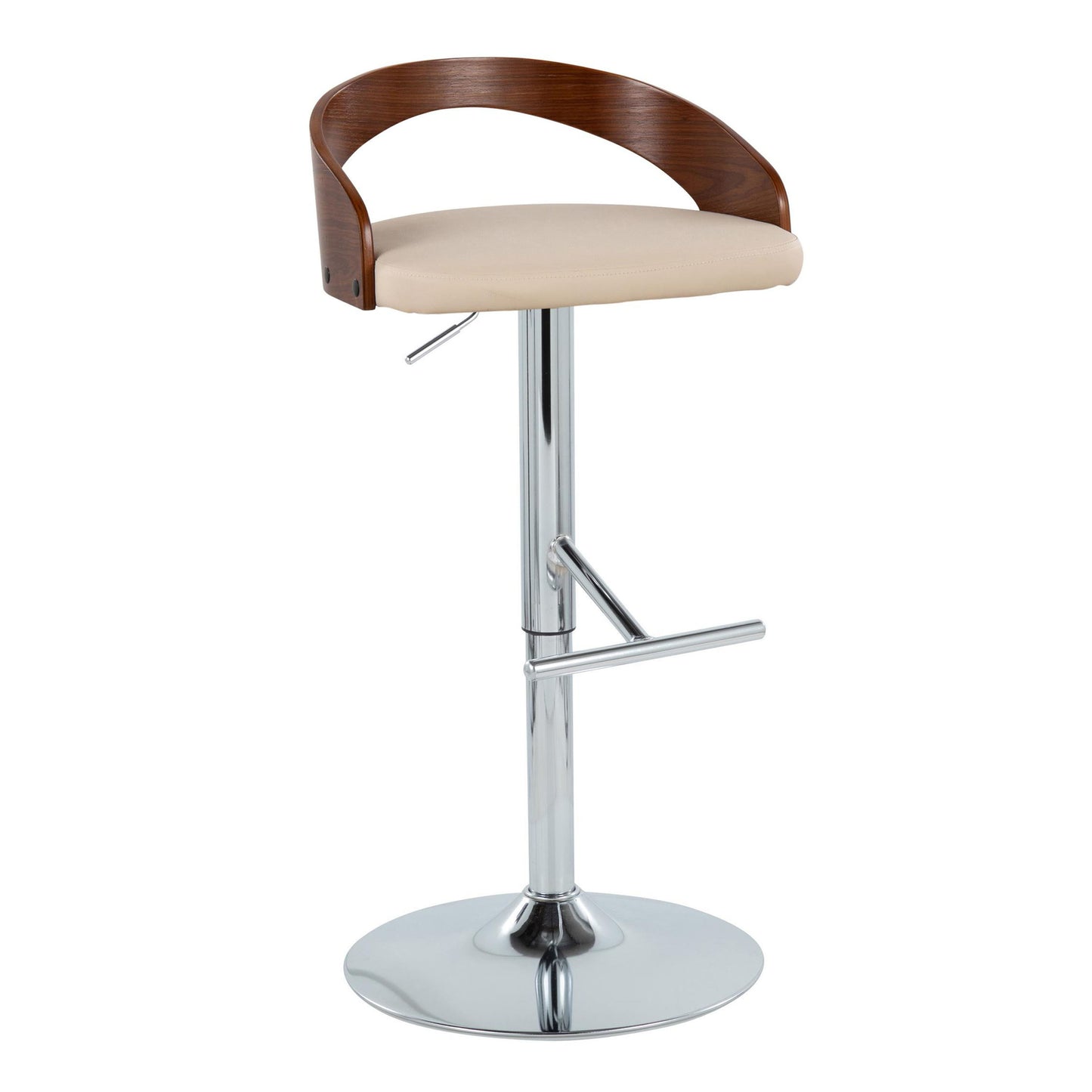 Grotto - Mid-Century Modern Adjustable Height Barstool With Swivel With Straight T Footrest (Set of 2) - Chrome / Walnut / Cream