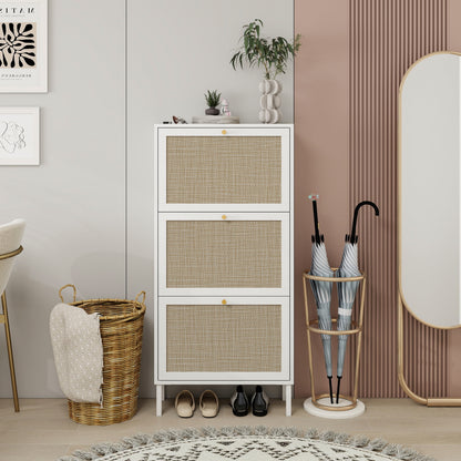 Modern Rattan 3 Door Shoe Rack Cabinet For Entryway Freestanding White Storage Unit In Particle Board - White