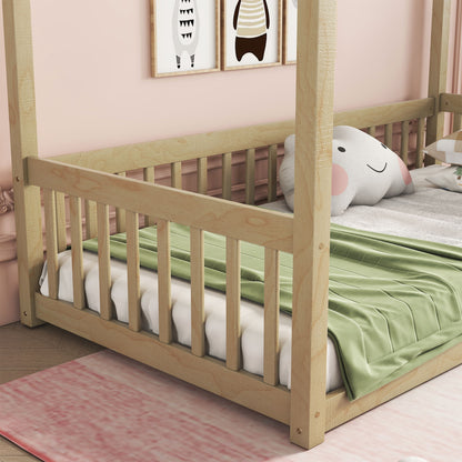 Twin Size Canopy Frame Floor Bed With Fence, Guardrails - Natural