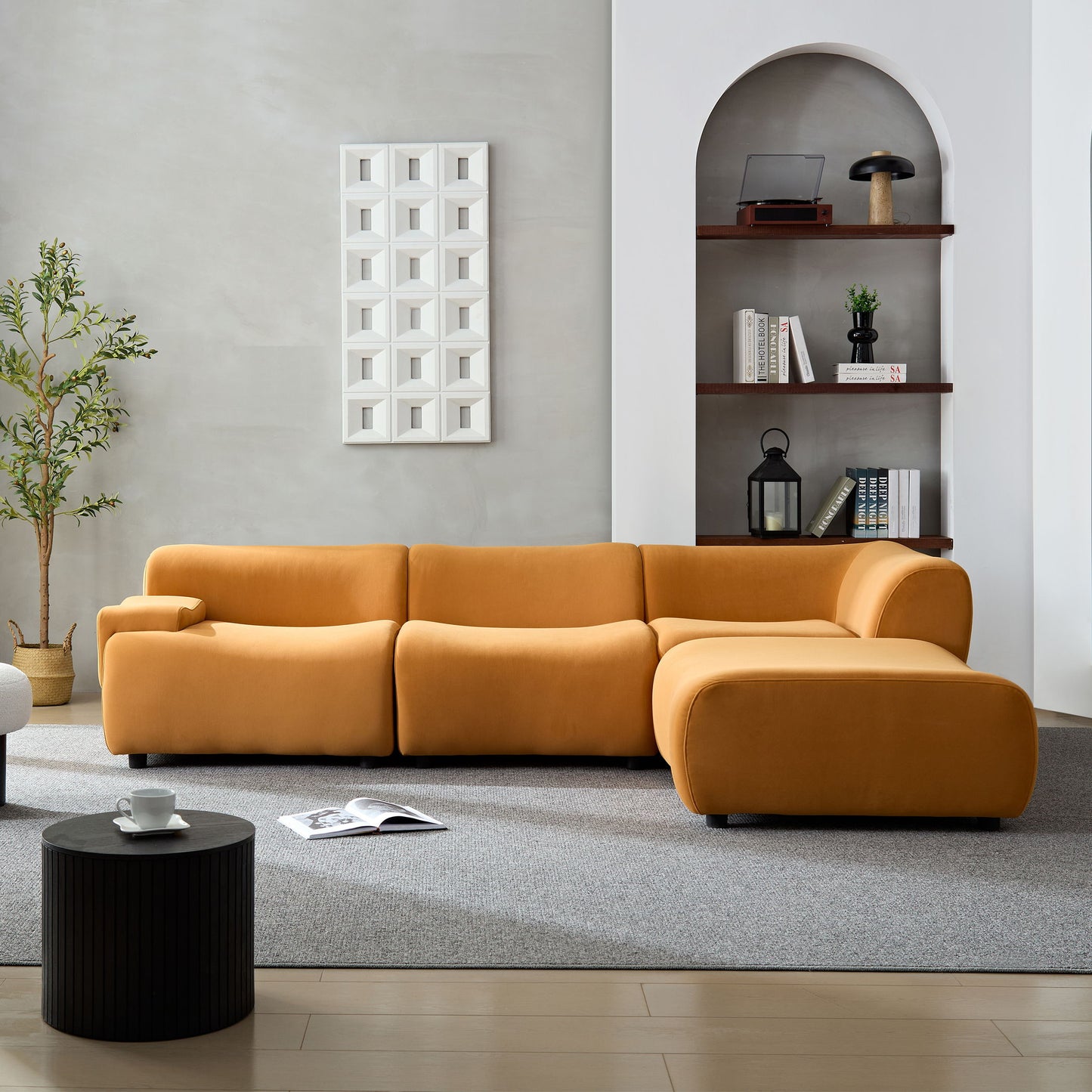 Sectional Sofa With Durable Fabric And High Density Sponge, Solid Wood Frame, 4 Seats - Orange