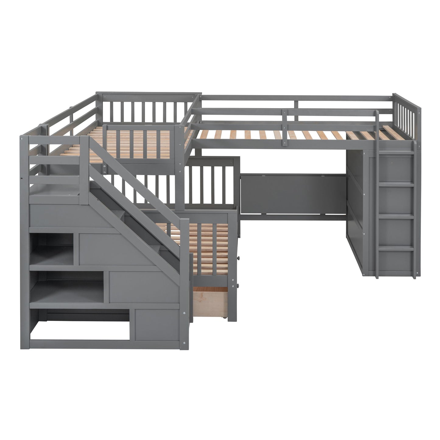 Twin Twin Over Full L Shaped Bunk Bed With 3 Drawers, Portable Desk And Wardrobe - Gray