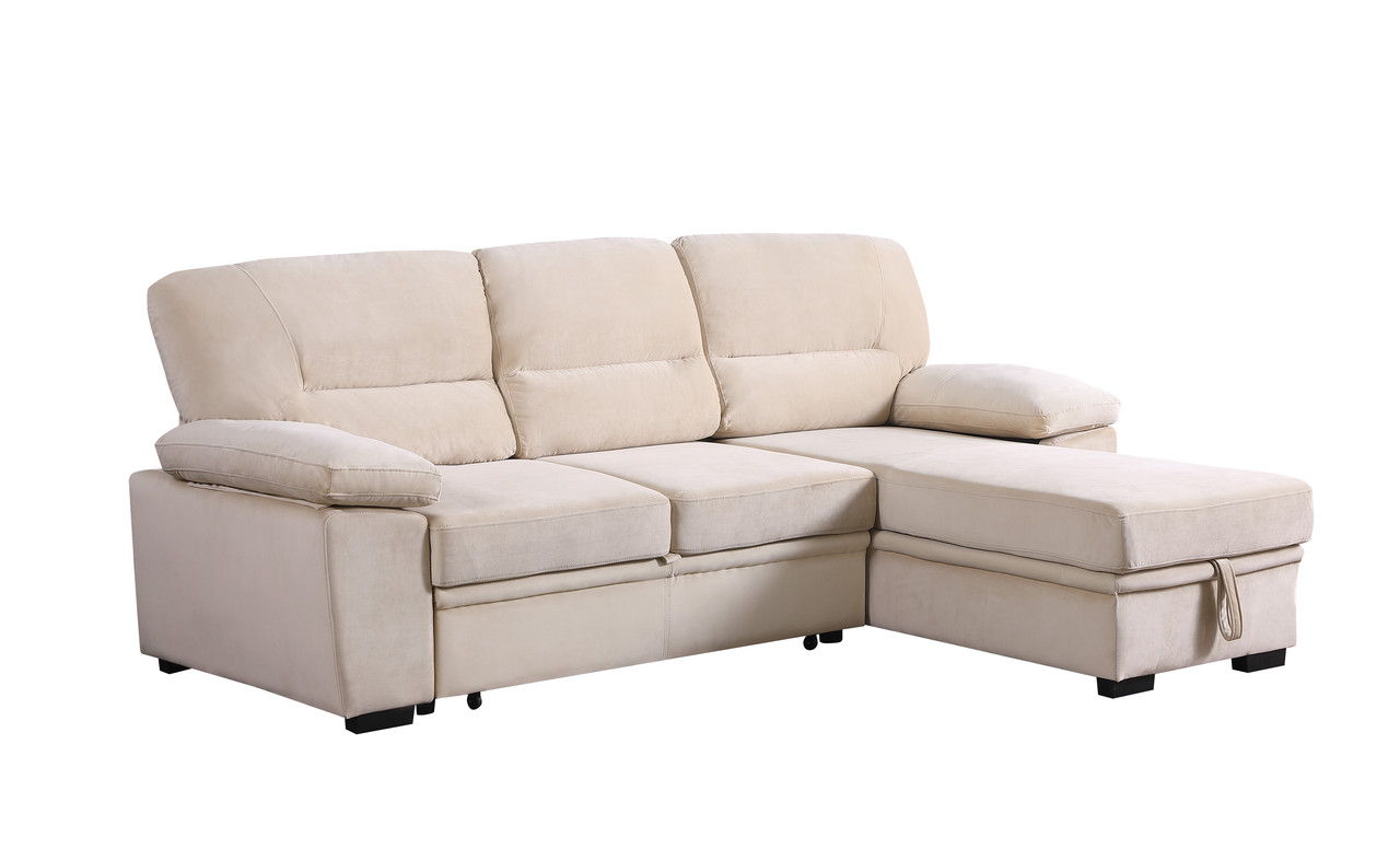 Kipling - Velvet Fabric Reversible Sleeper Sectional Sofa Chaise - Beige