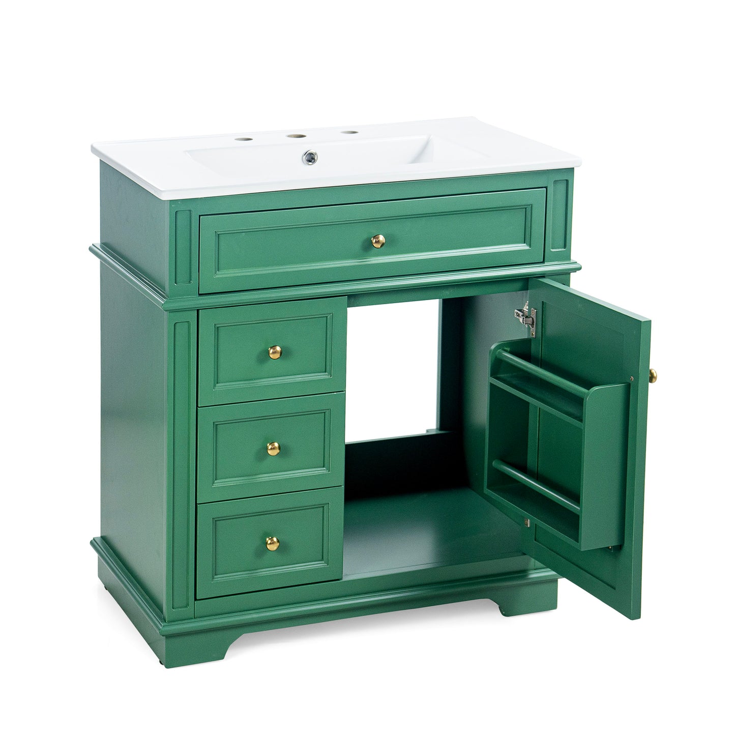30" Bathroom Vanity With Sink, 1 Tip Out Drawer, 3 Drawers, Door Shelf, Soft Closing Door - Green