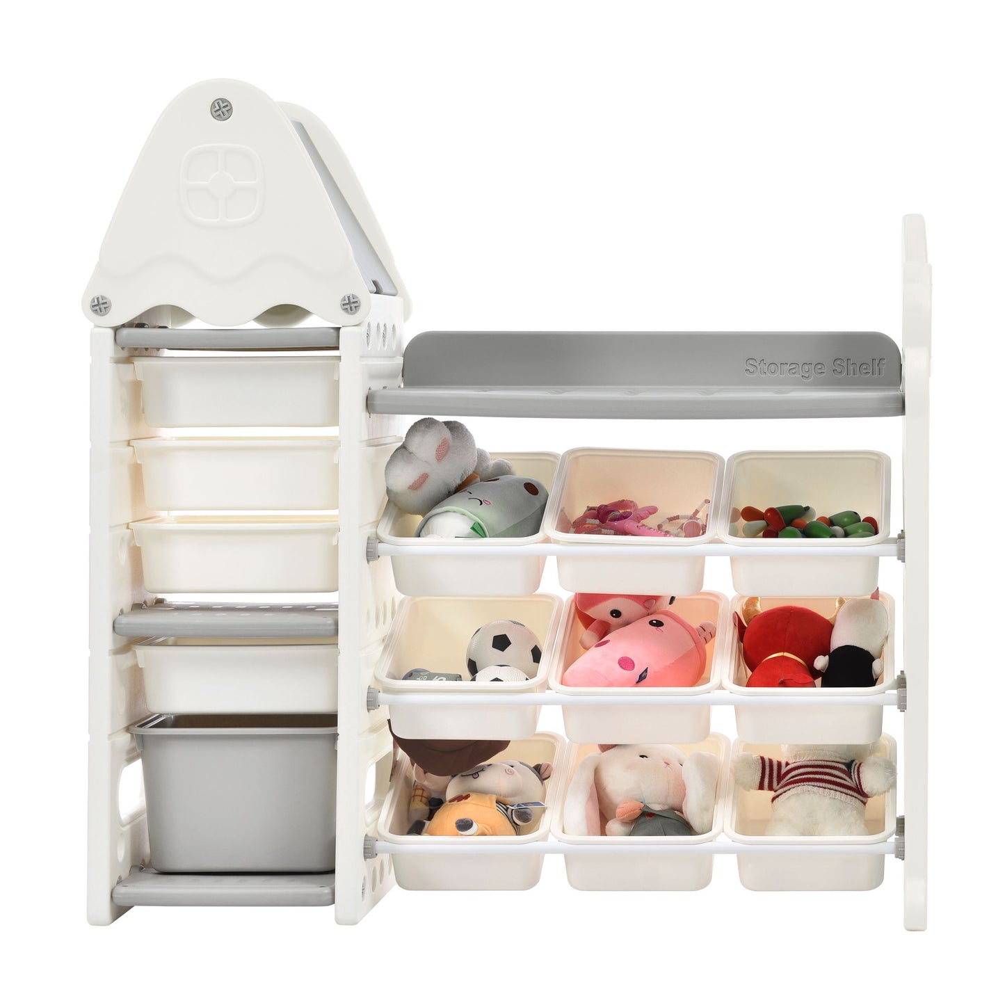 Kids Bookshelf Toy Storage Organizer With 17 Bins And 5 Bookshelves, Multi-Functional Nursery Organizer Kids Furniture Set Toy Storage Cabinet Unit With HDPE SheLF And Bins - Gray
