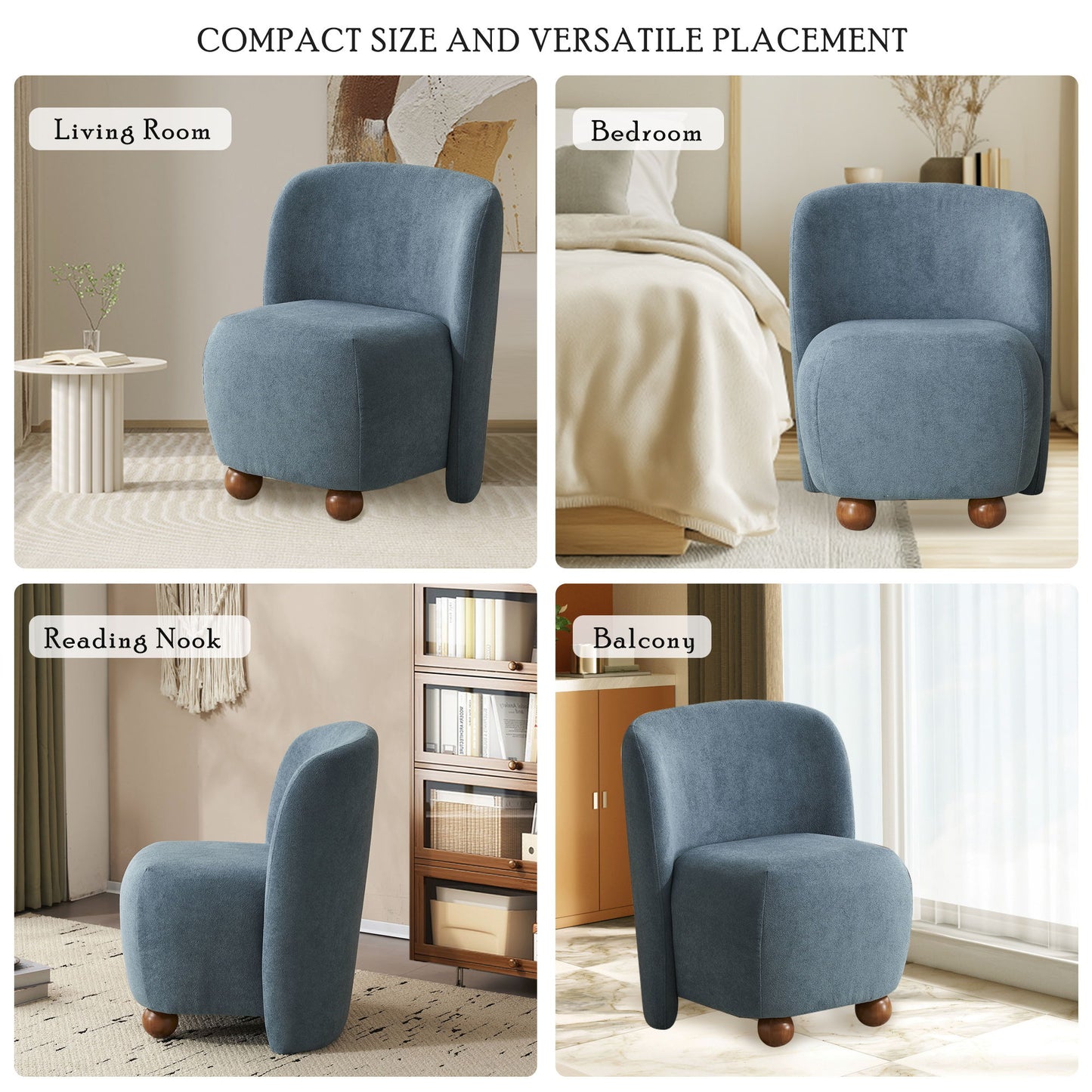 Modern Low Back Accent Chair, Upholstered Armless Living Room Chairs, Round Pine Wood Feet, For Small Living Spaces, Living Room - Blue