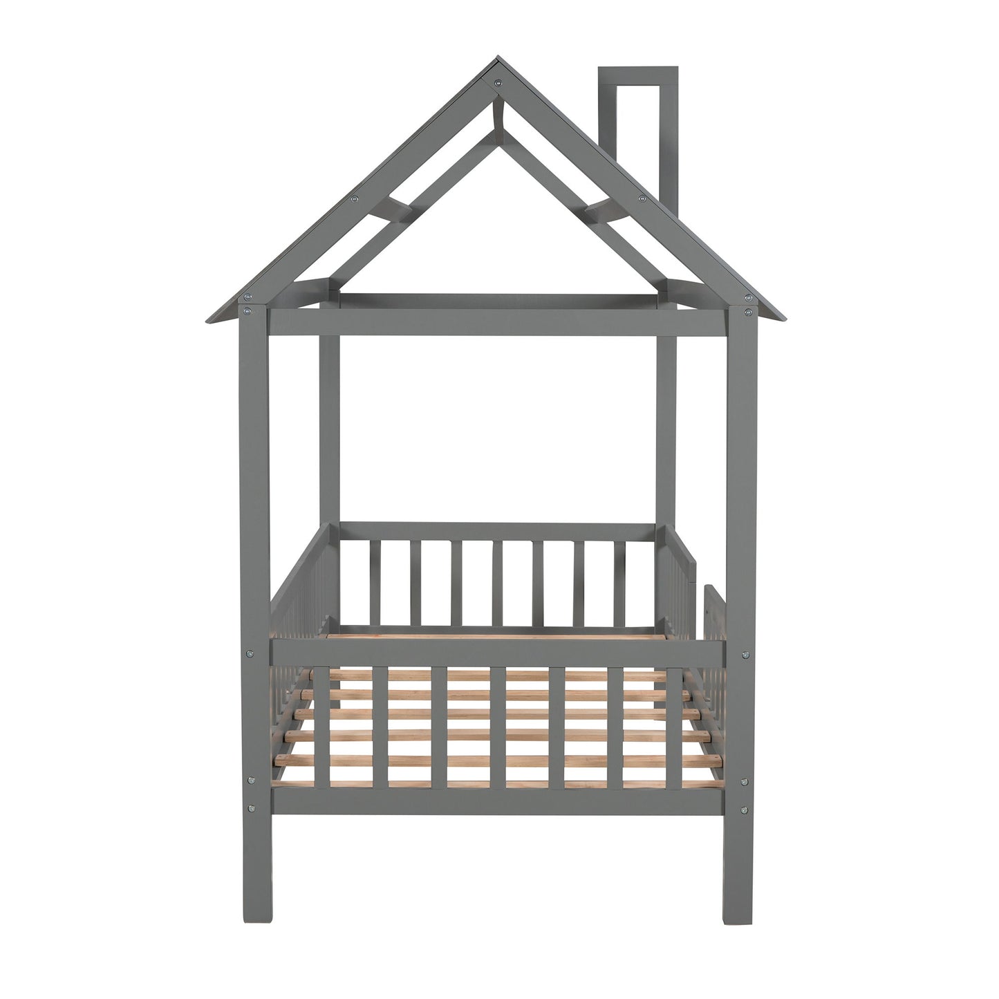 Twin Size House Bed With Fence - Gray