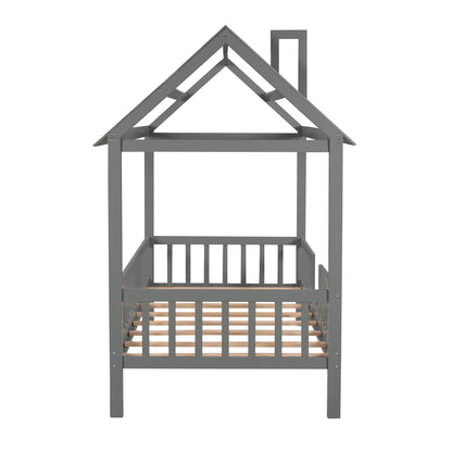 Twin Size House Bed With Fence - Gray