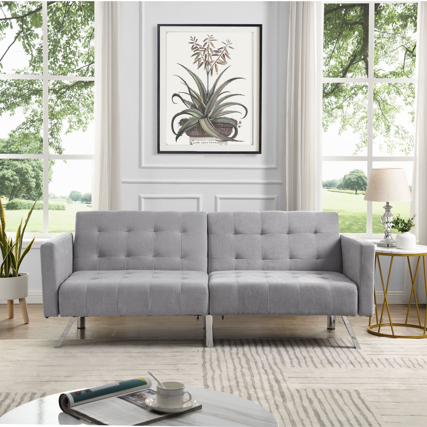 Futon Sofa Bed Convertible Folding Lounge Couch, Armrests - Light Gray