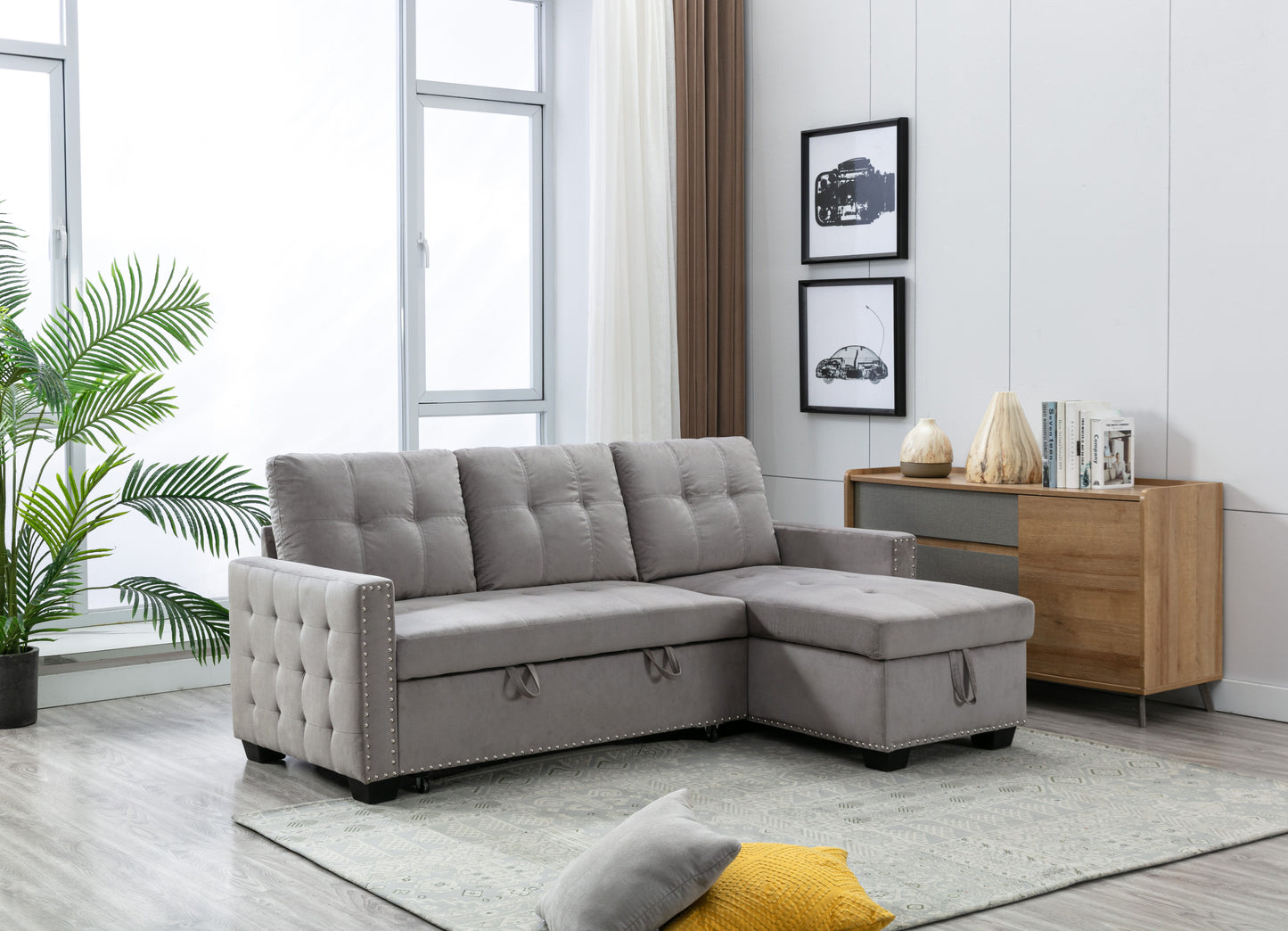 Reversible Sectional Storage Sleeper Sofa Bed, L-Shape 2 Seat Sectional Chaise With Storage, Skin-Feeling Velvet Fabric - Light Gray