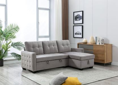 Reversible Sectional Storage Sleeper Sofa Bed, L-Shape 2 Seat Sectional Chaise With Storage, Skin-Feeling Velvet Fabric - Light Gray