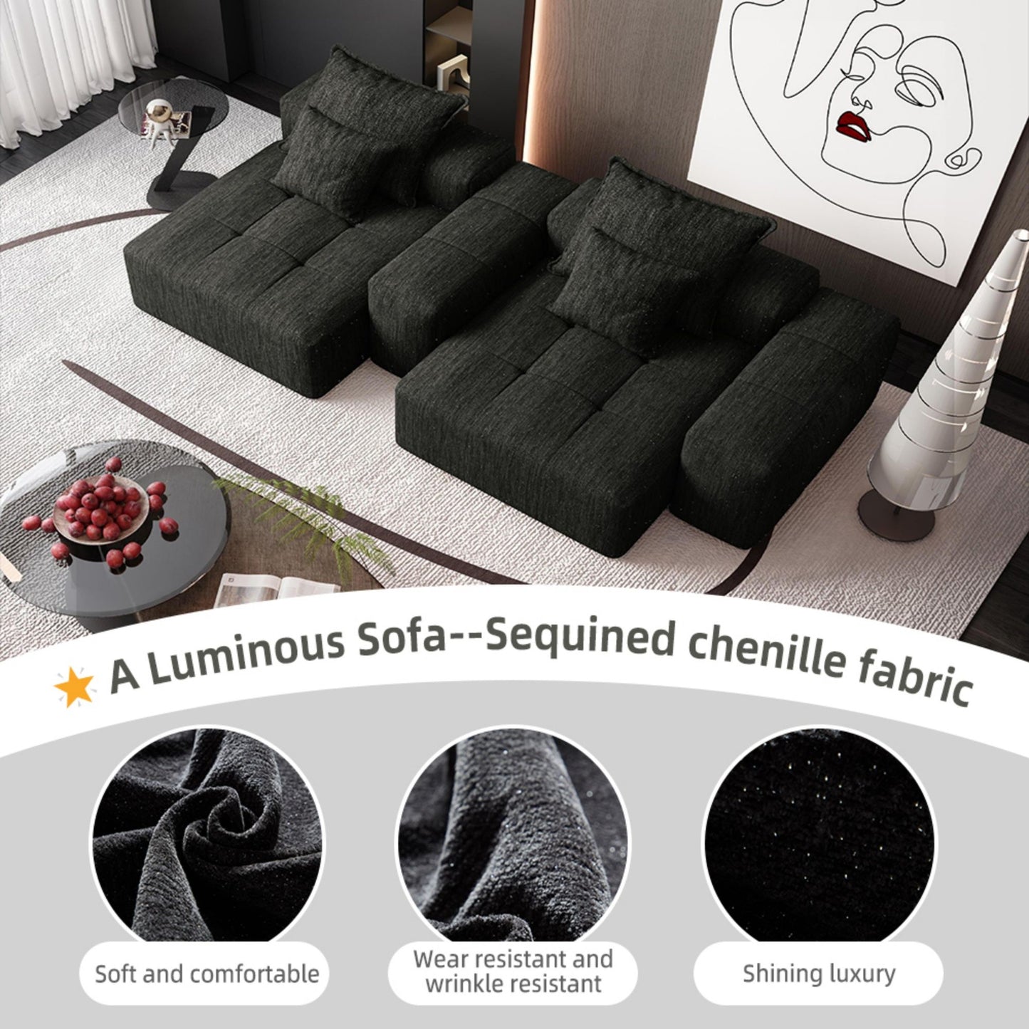 Modern Oversized Modular Sectional Sofa With 2 Chaise Lounge And 2 Armrest, Sparkling Chenille Fabric Soft Cushion Sofa With 4 Pillows, 4 Pieces Diy Combination Tufted Sofa, No Assembly Required - Black