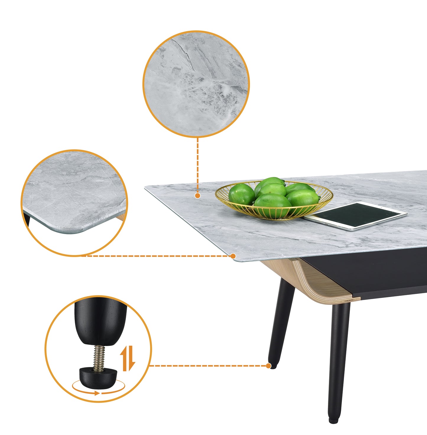 Landon - Coffee Table With Glass Marble Texture Top And Bent Wood Design - Gray