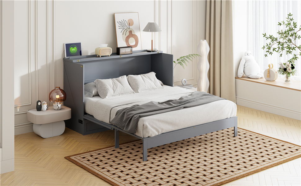 Queen Size Murphy Bed With Large Drawers - Gray