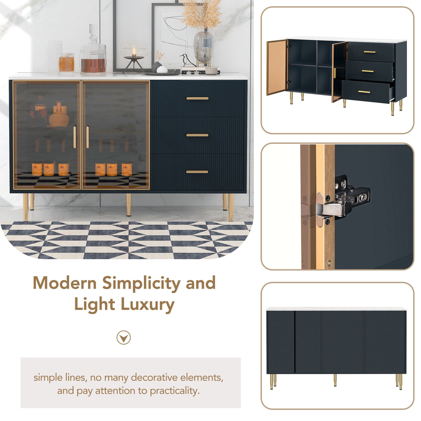 Modern Sideboard Buffet Cabinet Marble Sticker Tabletop And Amber-Yellow Tempered Glass Doors With Gold Metal Legs & Handles - Navy Blue